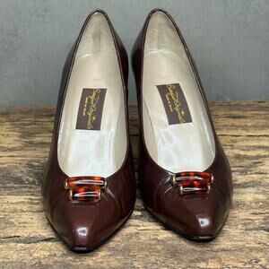Vintage 80s Barefoot Originals Brown Leather Pointed Pumps Tortoise Gold 7 Spain